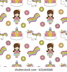 Seamless baby pattern with cute unicorn, princess, castle, rainbow, donut. Best Choice for cards, invitations, printing, party packs, blog backgrounds, paper craft, party invitations, scrapbooking.