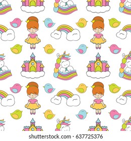 Seamless baby pattern with cute unicorn, princess, castle, rainbow, bird. Best Choice for cards, invitations, printing, party packs, blog backgrounds, paper craft, party invitations, scrapbooking.