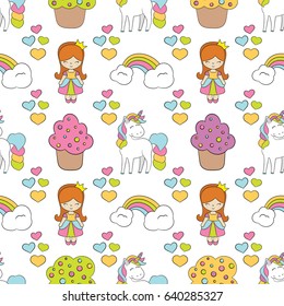 Seamless baby pattern with cute unicorn, princess, cupcake, rainbow, hearts. Best Choice for cards, invitations, printing, party packs, blog backgrounds, paper craft, party invitations, scrapbooking.
