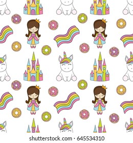 Seamless baby pattern with cute unicorn, princess, castle, rainbow, donut. Best Choice for cards, invitations, printing, party packs, blog backgrounds, paper craft, party invitations, scrapbooking.