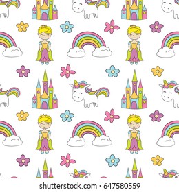Seamless baby pattern with cute unicorn, princess, castle, rainbow, flower. Best Choice for cards, invitations, printing, party packs, blog backgrounds, paper craft, party invitations, scrapbooking.