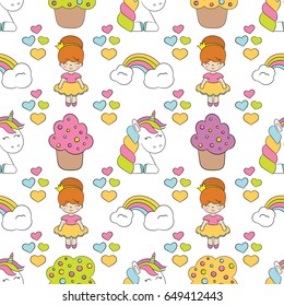 Seamless baby pattern with cute unicorn, princess, cupcake, rainbow, hearts. Best Choice for cards, invitations, printing, party packs, blog backgrounds, paper craft, party invitations, scrapbooking.