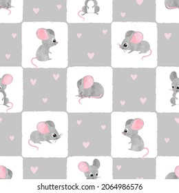 Seamless baby pattern with cute watercolor mice.	Vector mouse illustration for kids