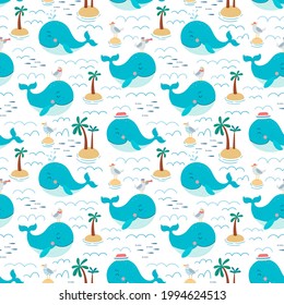 Seamless baby pattern with cute whales, seagulls and palms.