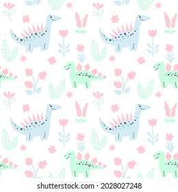 Seamless baby pattern with dinosaurs vector illustration. Background with cute animals, flowers and plants. Paste color template for wallpaper, nursery, textiles and packaging. 
