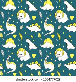 seamless baby pattern with dinosaurs white with yellow on a blue background. Hand-Drawn Vector