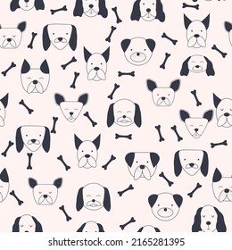 Seamless baby pattern with dog animal muzzles. Monochrome on a colored background. Creative childish background. Perfect for kids design, fabric, packaging, wallpaper, textiles, apparel