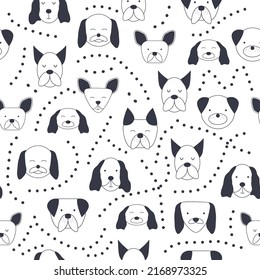 Seamless baby pattern with dog animal muzzles. Monochrome on a colored background. Creative childish background. Perfect for kids design, fabric, packaging, wallpaper, textiles, apparel