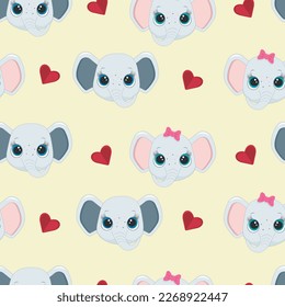 Seamless baby pattern with baby elephants and red heart.