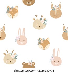 Seamless baby pattern with face cute pink rabbit, squirrel, bear, fox, deer and flowers on white background for fabric textile, print, wallpaper