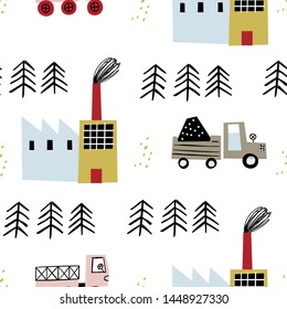 Seamless baby pattern with factory, forest and cars. Creative kids texture for wrapping, textile, wallpaper, apparel and fabric. Vector illustration. White background.