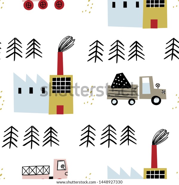 Seamless baby pattern\
with factory, forest and cars. Creative kids texture for wrapping,\
textile, wallpaper, apparel and fabric. Vector illustration. White\
background.