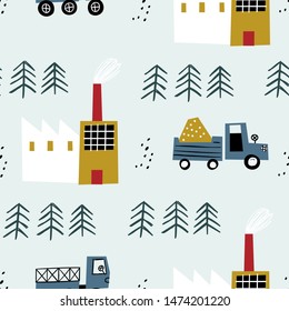 Seamless baby pattern with factory, winter forest and cars. Creative kids texture for wrapping, textile, wallpaper, apparel and fabric. Vector illustration. Winter background background.