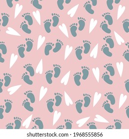 Patrón de bebé sin foco de pies de bebé. Ilustración vectorial en un fondo rosa