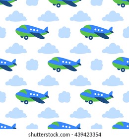 Seamless baby pattern with flying planes and clouds. Planes pattern