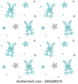 Seamless baby pattern with funny bunny and stars. Vector illustration.
