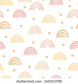 Seamless baby pattern with hand drawn rainbows and hearts. Vector repeat illustration.