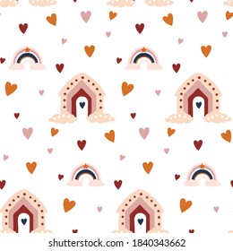 
Seamless baby pattern with handmade rainbows and hearts, .Creative scandinavian baby texture for fabric, wrapping, textile, wallpaper, clothing. Vector illustration