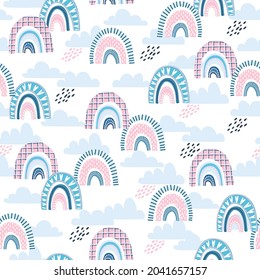 Seamless baby pattern with handmade rainbows and clouds. Creative scandinavian baby texture for fabric, wrapping, textile, wallpaper, clothing. Vector illustration 