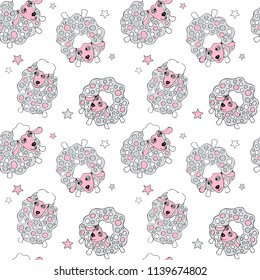 Seamless baby pattern. Happy flying lambs on a star sky. Humor textile print composition, hand drawn style print. Vector pink and gray illustration.