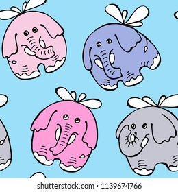 Seamless baby pattern. Happy pink, violet, purple, gray elephants are flying on wings on a blue background. Humor textile print composition, hand drawn style print. Vector illustration.