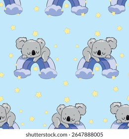 Padrão de bebê sem costura com Koala no arco-íris e azul Vetor de fundo