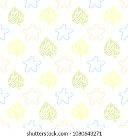 Seamless baby pattern with leaves and stars. Best Choice for cards, invitations, printing, party packs, blog backgrounds, paper craft, party invitations, digital scrapbooking.