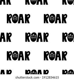 Seamless baby pattern, Lettering ROAR and cute tiger cub on the letter, black and white, ideal for applying on paper or fabric, for interior decoration