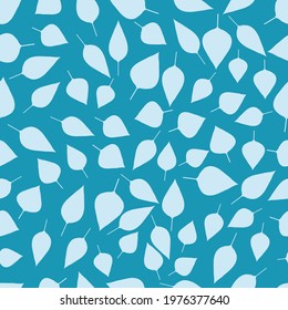Seamless baby pattern with light blue entire leaves on a aquamarine blue background. Vector.