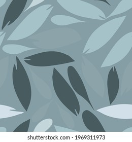 Seamless baby pattern with light and dark gray blue hand drawn leaves on a gray background. The pattern can be used for wrapping papers, cards, wallpapers, covers, textile prints. Vector, eps 10.