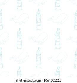 Seamless baby pattern with lighthouse and whale.