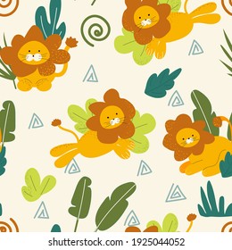 
seamless baby pattern with lion. cute animal print. modern flat style