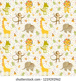 Seamless baby pattern with lion, giraffe, monkey and crocodile on white. Vector illustration with wild animals in jungle for kids. Seamless childrens background foe wallpapers or textile.