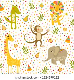 Seamless baby pattern with lion, giraffe, monkey, elephant and crocodile on white. Illustration with animals in jungle for kids. Seamless childrens background for wallpaper or textile.