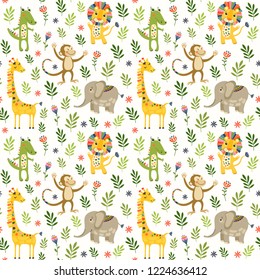 Seamless baby pattern with lion, giraffe, monkey and crocodile on white. Vector illustration with wild animals in jungle for kids. Seamless childrens background foe wallpapers or textile.