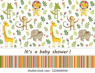 Seamless baby pattern with lion, giraffe, monkey and elephant. Illustration with animals in jungle for kids. Children background for wallpaper, textile. Baby shower pattern or birthday greeting card. 
