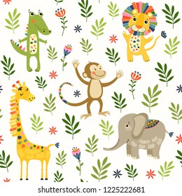 Seamless baby pattern with lion, giraffe, monkey and crocodile on white. Vector illustration with wild animals in jungle for kids. Seamless childrens background for wallpapers or textile.