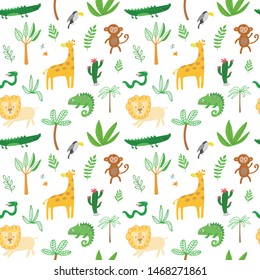 Seamless baby pattern with lion, giraffe, monkey and crocodile on white. Vector illustration with wild animals in jungle for kids. Seamless childrens background foe wallpapers or textile.