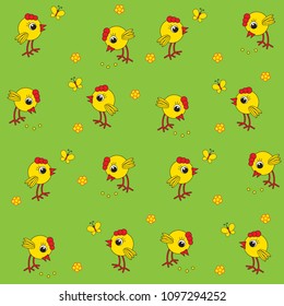Seamless baby pattern. Little yellow chickens and butterflies. Cheerful chicks on a green background. Vector illustration
