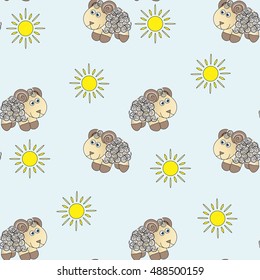Seamless baby pattern. made up of cute little lambs and yellow suns on a blue background.
