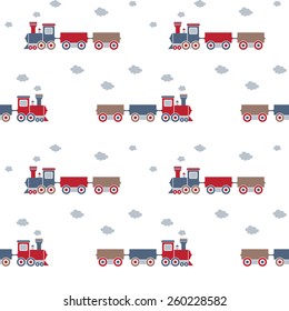 Seamless baby pattern. Many small locomotives on white background