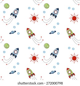 Seamless baby pattern. Many small colored  rockets, stars and planets  on white background. Vector illustration.