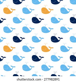 Seamless baby pattern. Many small whales (blue and yellow) on white background