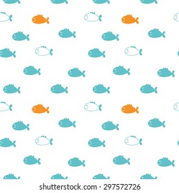 Seamless baby pattern. Many small fishes (blue and yellow) on white background.