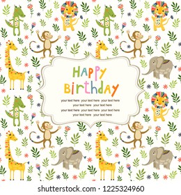 Seamless baby pattern with monkey, lion, giraffe, elephant. Illustration with animals in jungle for kids. Childrens background for wallpaper or textile. Baby shower pattern or birthday greeting card.