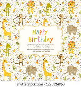 Seamless baby pattern with monkey, lion, giraffe, elephant. Illustration with animals in jungle for kids. Childrens background for wallpaper or textile. Baby shower pattern or birthday greeting card.
