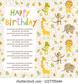 Seamless baby pattern with monkey, lion, giraffe, elephant. Illustration with animals in jungle for kids. Childrens background for wallpaper or textile. Baby shower pattern or birthday greeting card.