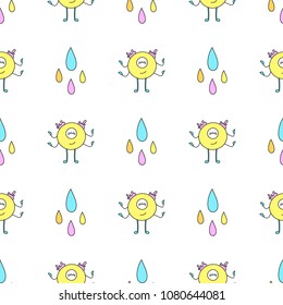 Seamless baby pattern with monster and drops. Best Choice for cards, invitations, printing, party packs, blog backgrounds, paper craft, party invitations, digital scrapbooking.