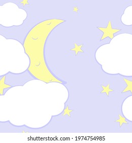 Seamless baby pattern with moon and stars. Night children's pattern. Stars on the sky. Night vector illustration. Good night. Clouds and stars. Pink background.