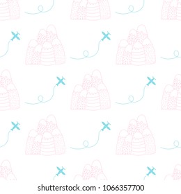 Seamless baby pattern with mountains and plane. Best Choice for cards, invitations, printing, party packs, blog backgrounds, paper craft, party invitations, digital scrapbooking.